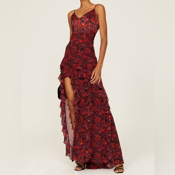 Cinq à Sept Red and Black Floral High Low Dress - Picture 1 of 10